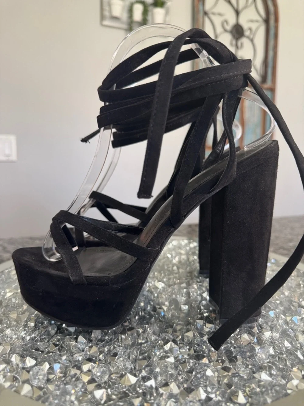 Fashion Nova Black Strappy Lace around ankle Platform Heels